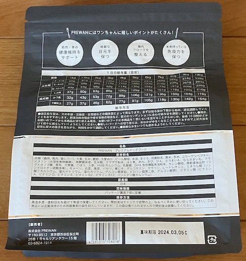 PREWAN（プレワン）ドッグフードのパッケージ画像（裏面1）