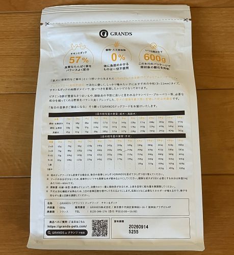 グランツドッグフード チキン&ダックのパッケージ画像(裏面1)